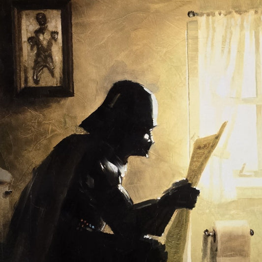 Closeup of Darth Vader sitting on the toilet with a framed photo of a frozen Han Solo on the wall behind him