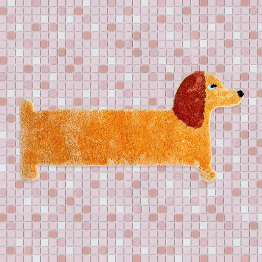 Small light brown rug in the shape of a Dachshund dog