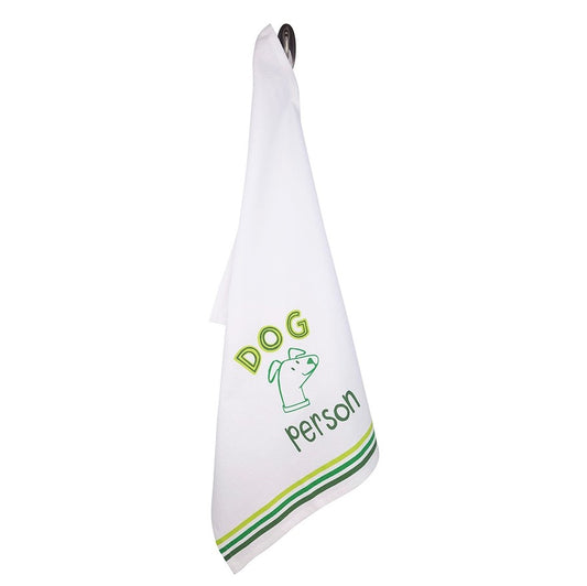 White towel with a green picture of a smiling cartoon dog and the words "Dog Person"