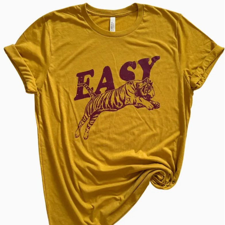 Yellow t-shirt with a burgundy graphic that reads "Easy" over an image of a leaping tiger