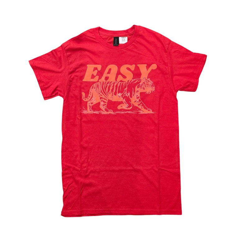 Red t-shirt with tiger graphic and text "Easy"