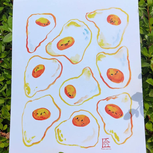 Watercolor art print of cartoon runny eggs with cute and expressive faces