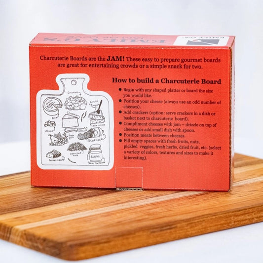 back of packaging of a set of three jams showcasing how to build a charcuterie board