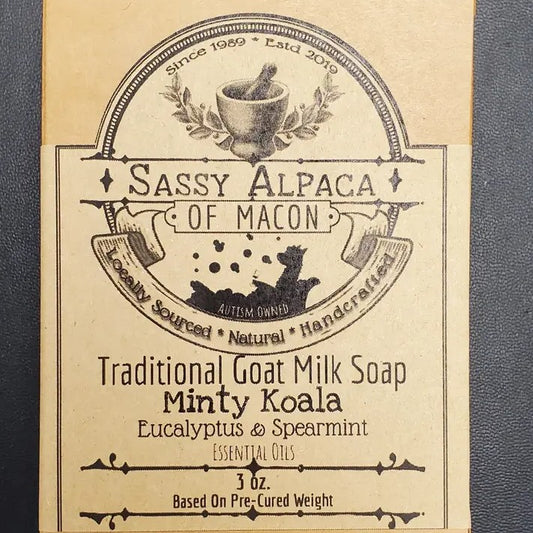 A three ounce bar of eucalyptus and spearmint scented goat milk soap