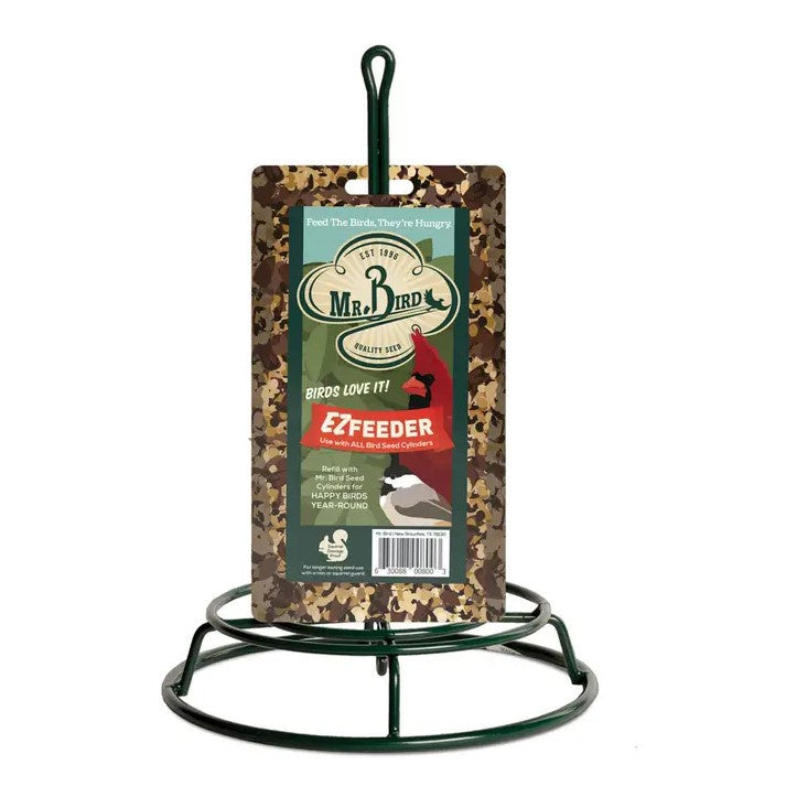 Dark green metal bird feeder for use with bird seed cylinders