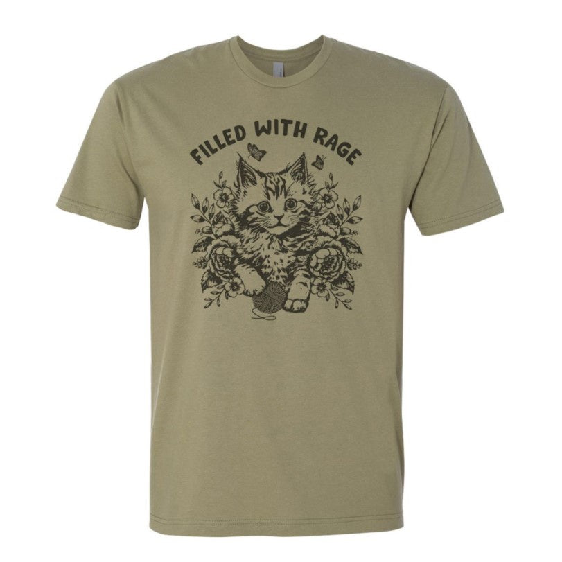Muted green t shirt featuring an image of a kitten with a ball of yarn surrounded by flowers and captioned "Filled with rage"