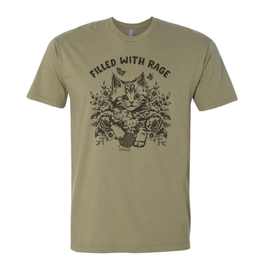 Muted green t shirt featuring an image of a kitten with a ball of yarn surrounded by flowers and captioned "Filled with rage"