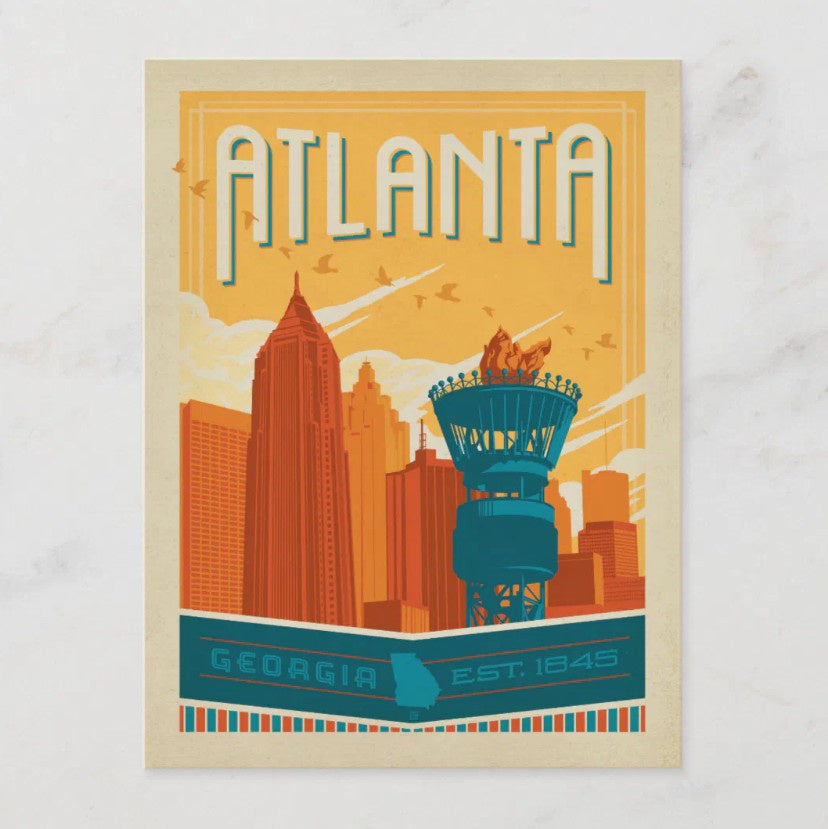 Vintage style postcard depicting Atlanta's Olympic torch tower