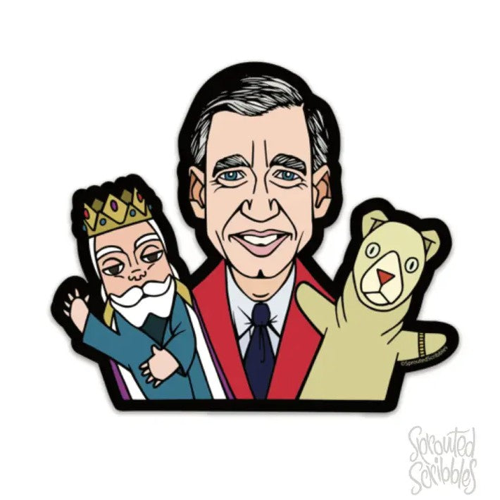 Sticker depicting Mr. Rogers smiling with a puppet on each hand