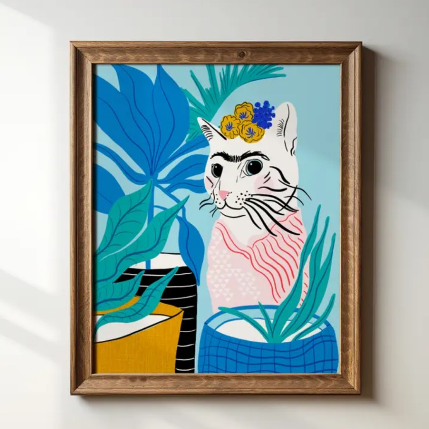 Art print depicting a white cat with a unibrow and floral headpiece in the style of Frida Kahlo