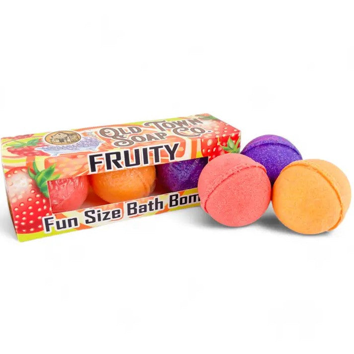 Set of four colorful fruity bath bombs