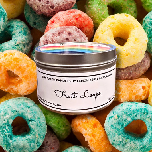 Fruit Loop scented candle with a rainbow lid