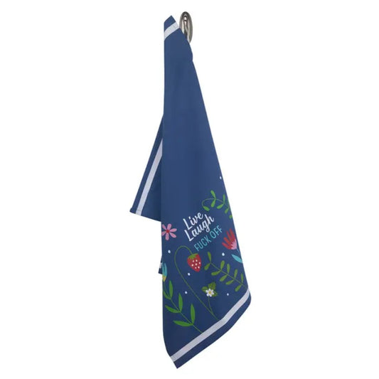 Blue kitchen towel with cartoony flowers and strawberries and the words "Live laugh fuck off" on it