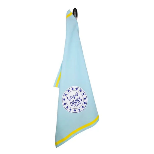 Light blue kitchen towel with an illustration of a dinner plate and the text "stupid dishes" on it
