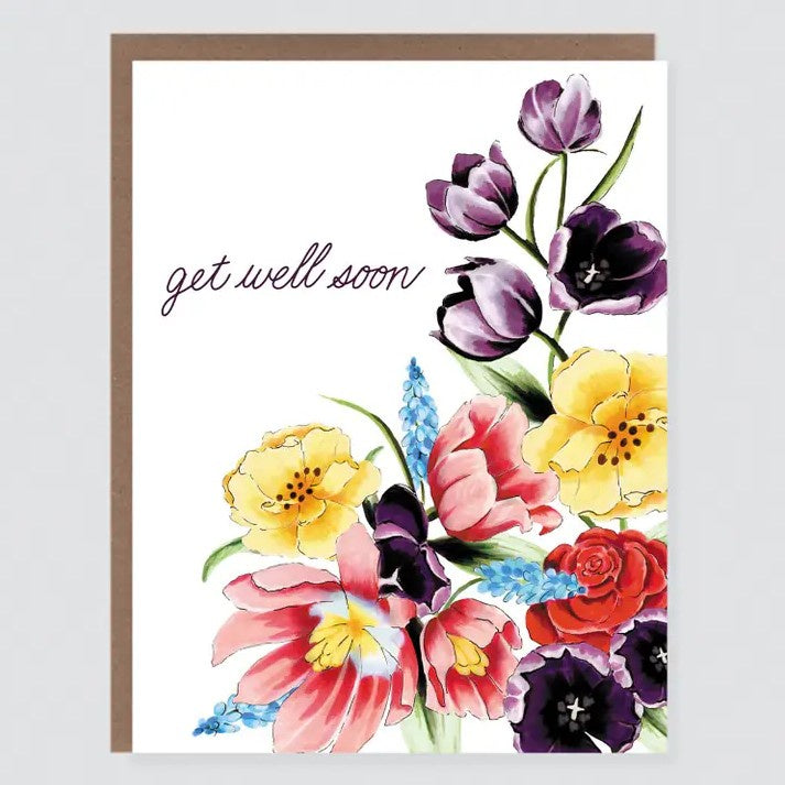 Floral watercolor greeting card with text that reads "get well soon"