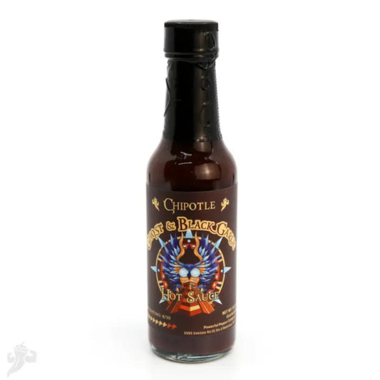 Bottle of ghost pepper and black garlic hot sauce