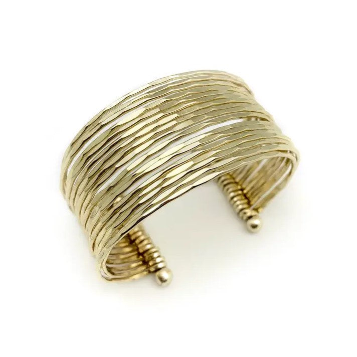 Gold plated adjustable cuff bracelet made of many connected bangles