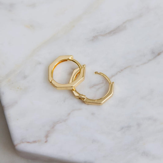 Small gold hexagonal hoop earrings