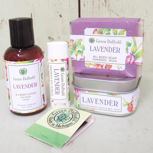 Vegan lavender scented bath set with lip balm, lotion, soap, candle and matchbook