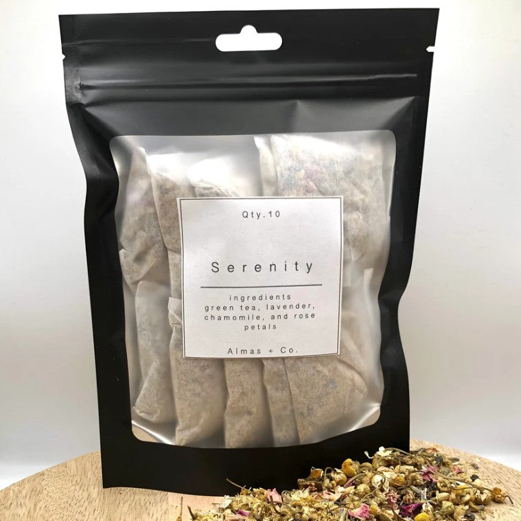 Packaged tea with 'Serenity' label on a white background