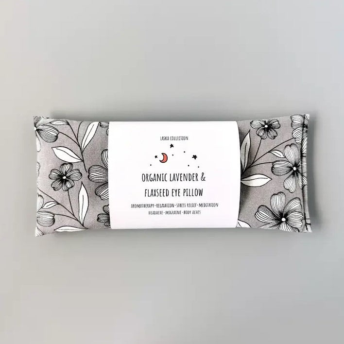Organic lavender and flaxseed eye pillow in a grey floral pattern