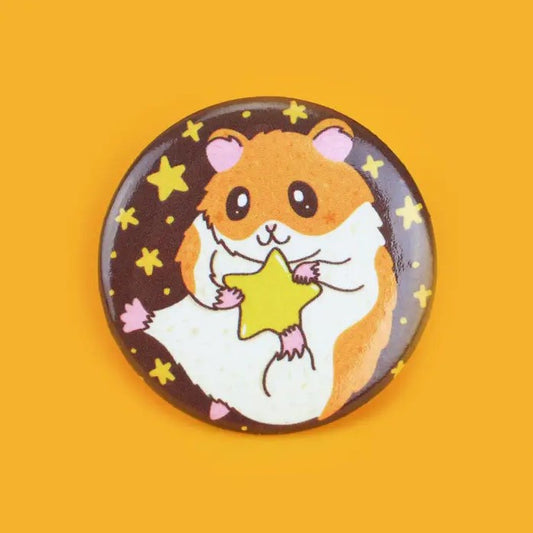 Pinback button with art of a hamster holding a star and stars in the background