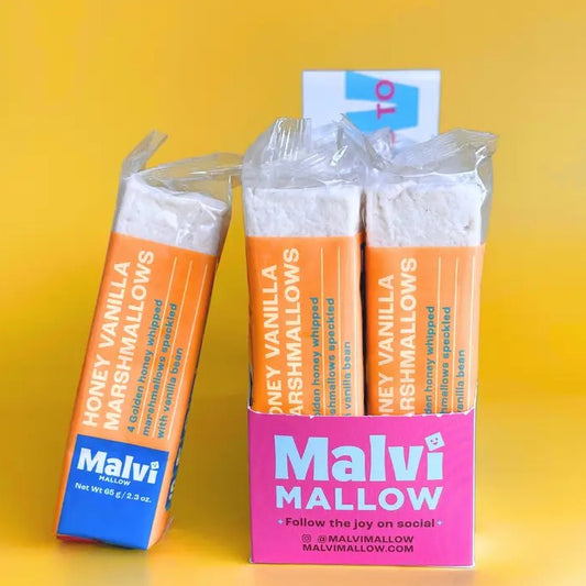 Packs of four honey vanilla flavored square marshmallows