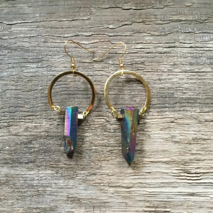 Gold circular dangle earrings with iridescent purple stones