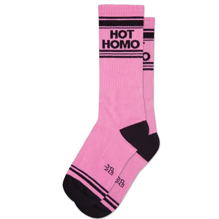 Light pink calf socks with the words "Hot Homo" in black at the top.