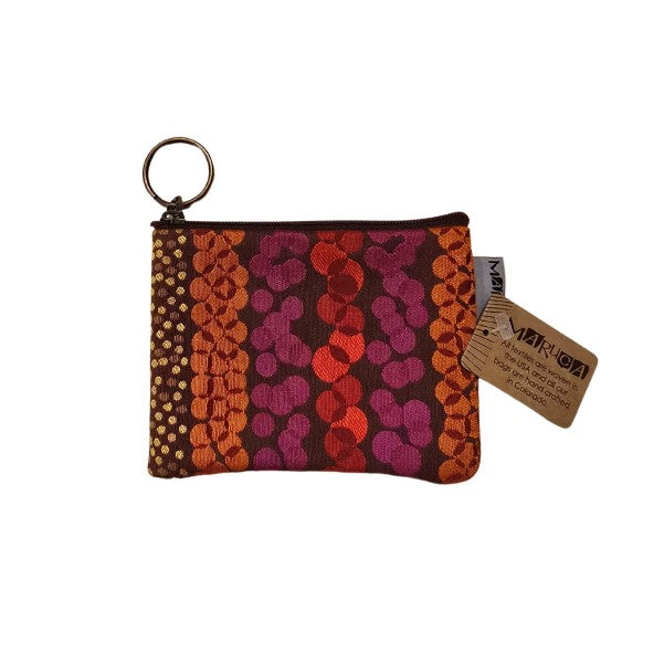 Coin purse with orange, red and magenta circular patterns