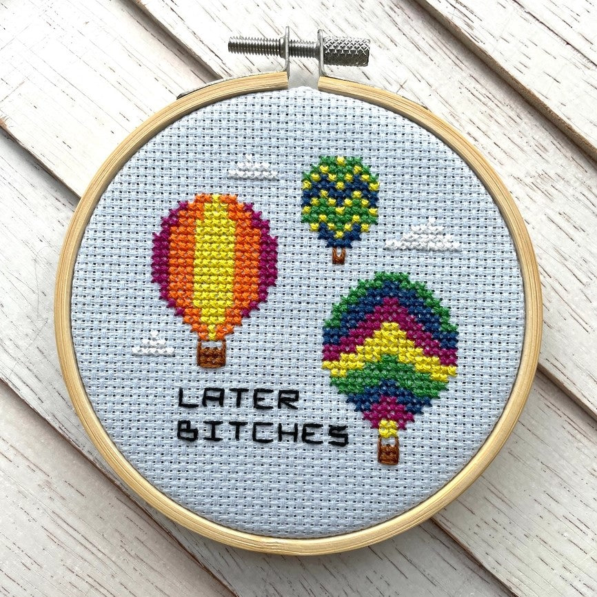 three hot air balloons and clouds cross stitch