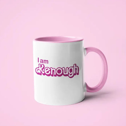 white and pink mug that says "I am Kenough" with a pink handle