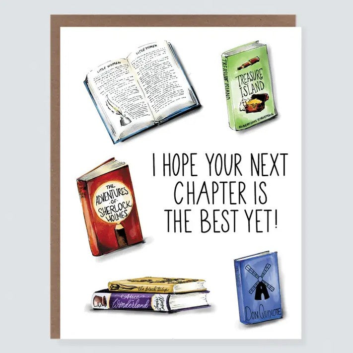 Greeting card with illustrations of various books and the words "I hope your next chapter is the best yet!"