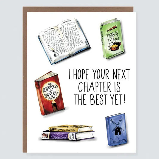 Greeting card with illustrations of various books and the words "I hope your next chapter is the best yet!"