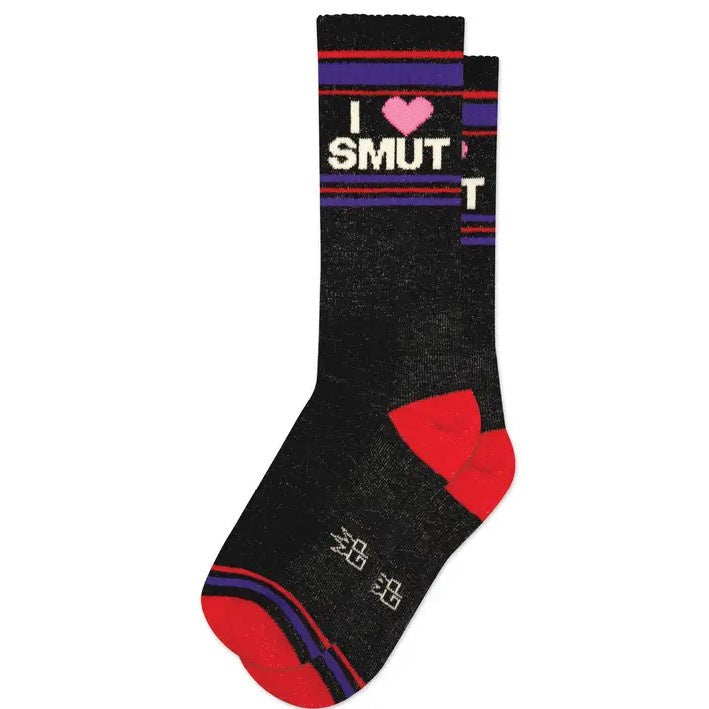 Black calf socks with purple and red stripes and the words "I Love Smut" at the top.