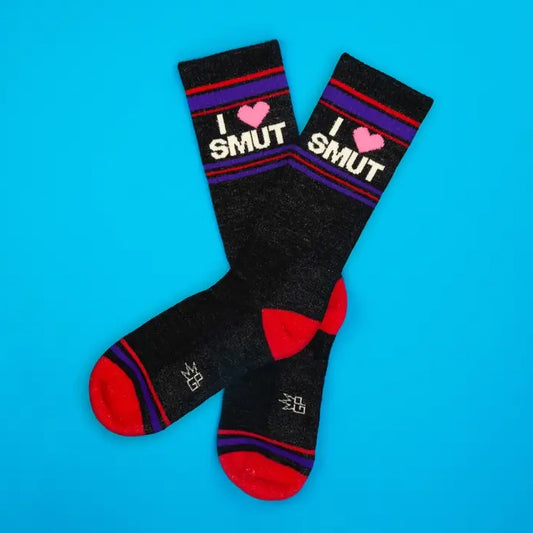 Black calf socks with purple and red stripes and the words "I Love Smut" at the top.