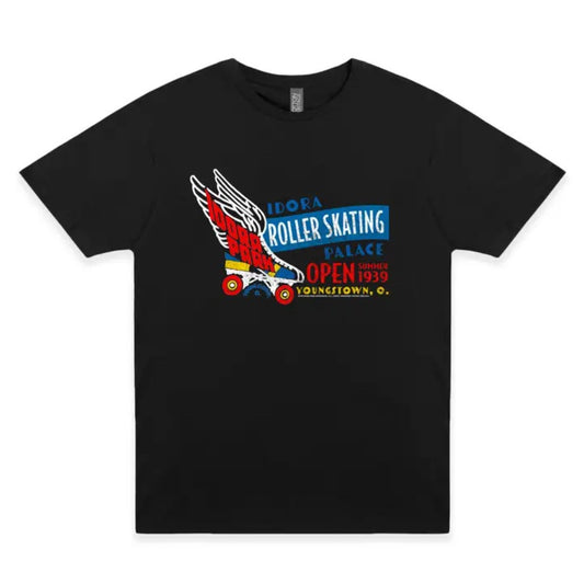 Black t-shirt featuring a blue, white, red and yellow logo for "Idora Roller Skating Palace" with a winged roller skate