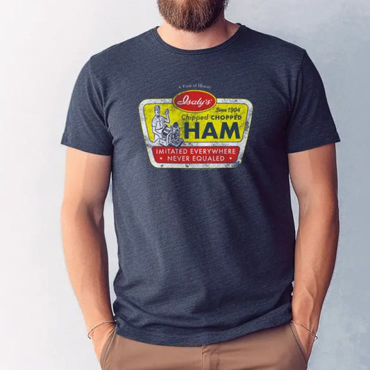 Dark gray heathered t-shirt featuring a retro white, yellow and red logo for "Isaly's Chipped Chopped Ham"