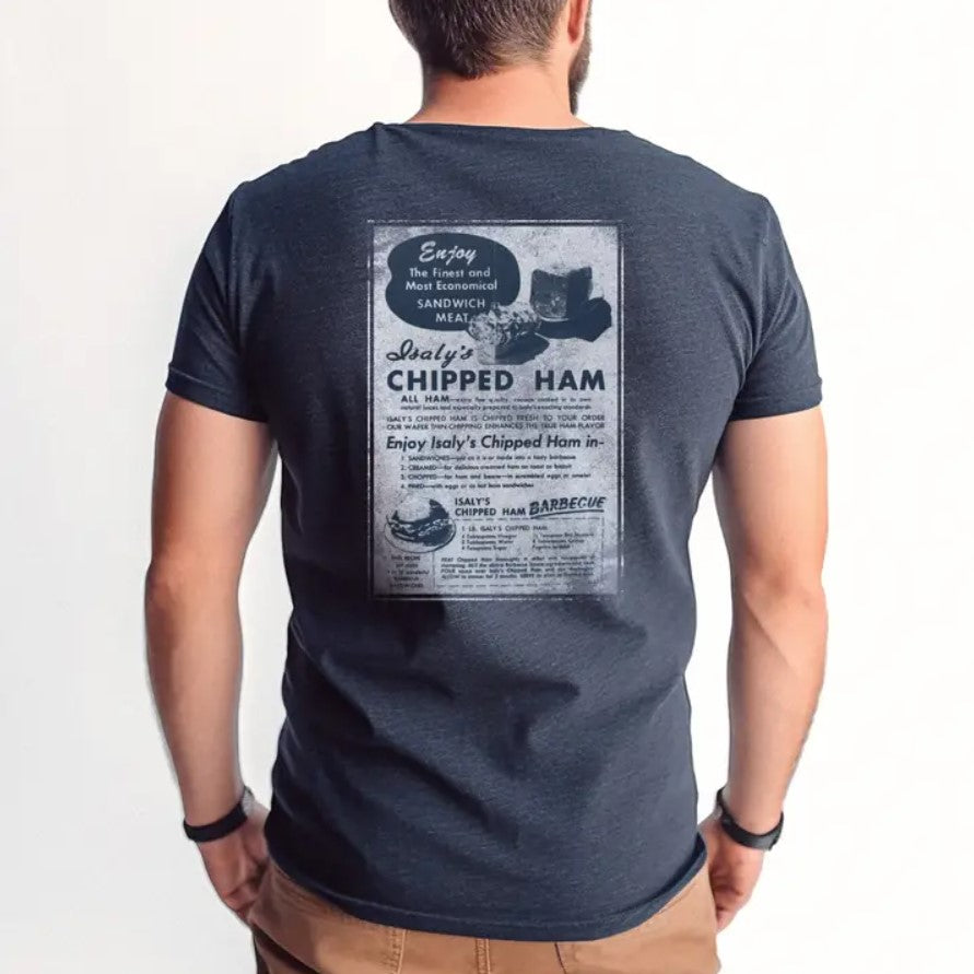 Back of a dark gray t-shirt featuring a retro white graphic for "Isaly's Chipped Ham" with recipe included