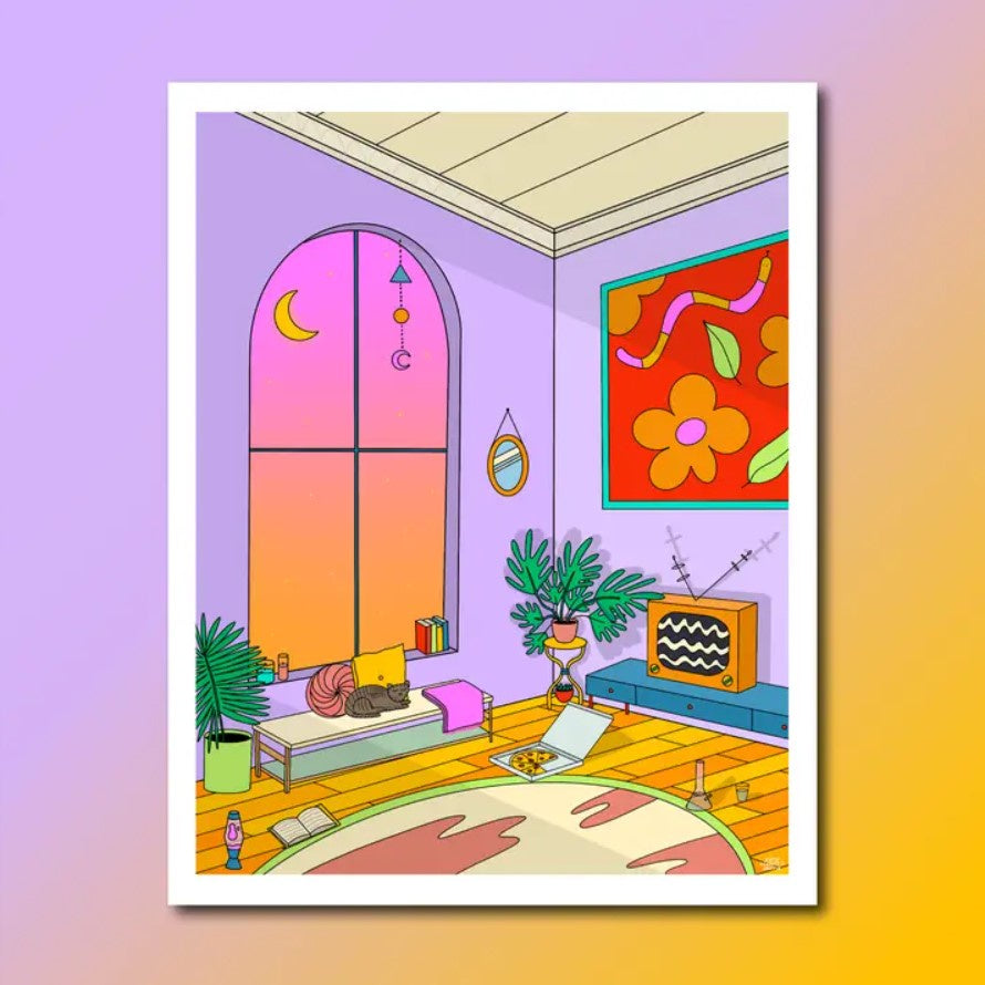 8x10 print depicting a living room with a large window, a gray cat and funky colorful art