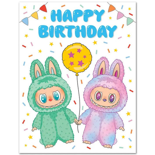 Birthday card with two Labubu toys holding a balloon under a Happy Birthday banner
