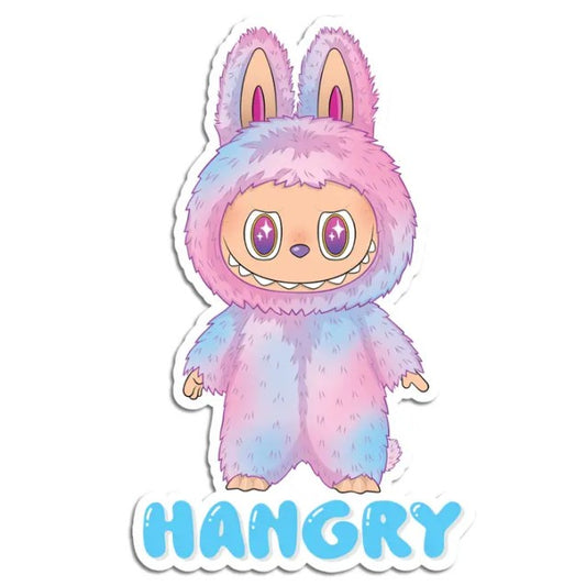 Sticker of a blue and pink Labubu toy with the caption "Hangry" in light blue bubble letters