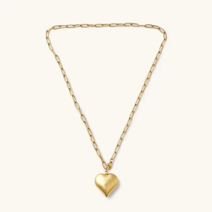 Gold heart-shaped pendant necklace on a white background