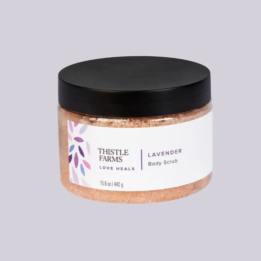 A 15.6 oz jar of lavender scented body scrub.