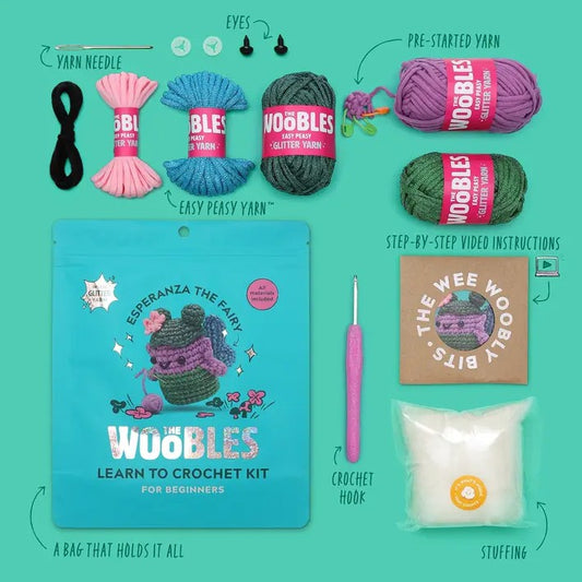 Woobles crochet kit with yarn, needles, stuffing and hook included