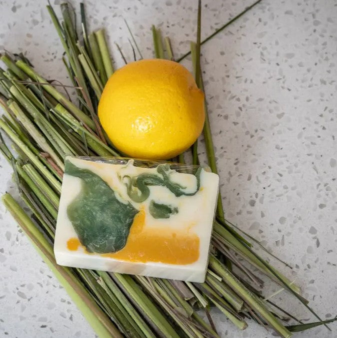 Five ounce lemongrass scented bar soap with green and yellow swirls