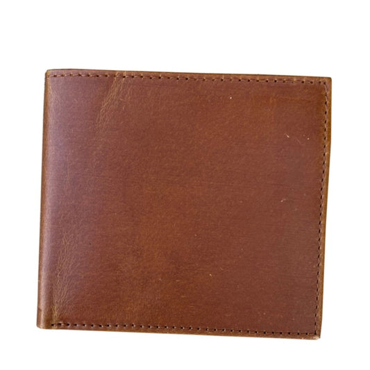 Brown leather bifold wallet on a white backdrop