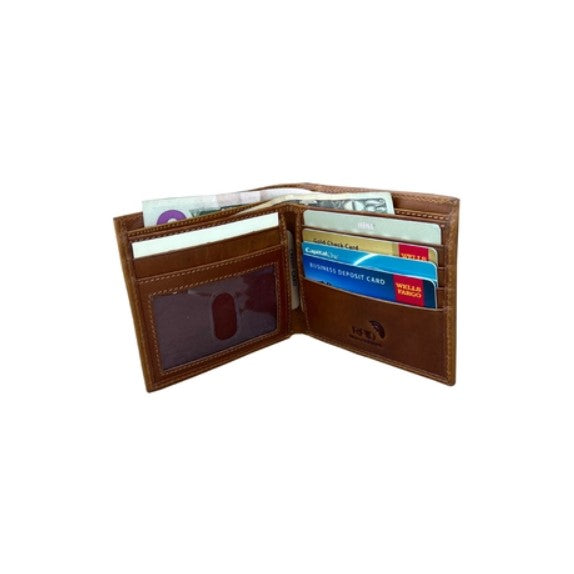 Brown leather bfiold wallet with several slots for organizing cards