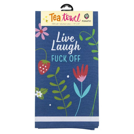 Blue kitchen towel with cartoony flowers and strawberries and the words "Live laugh fuck off" on it