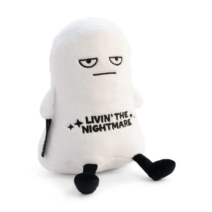 White plush toy in the shape of a ghost with a blank expression and embroidered text that reads "Livin' the nightmare"